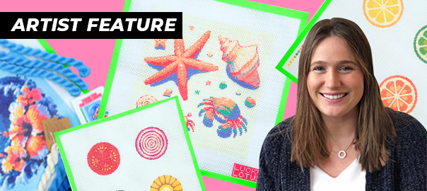 Sydney from Lucky Lotus Needlepoint smiles at the camera, with shots of her artwork showcased behind her.