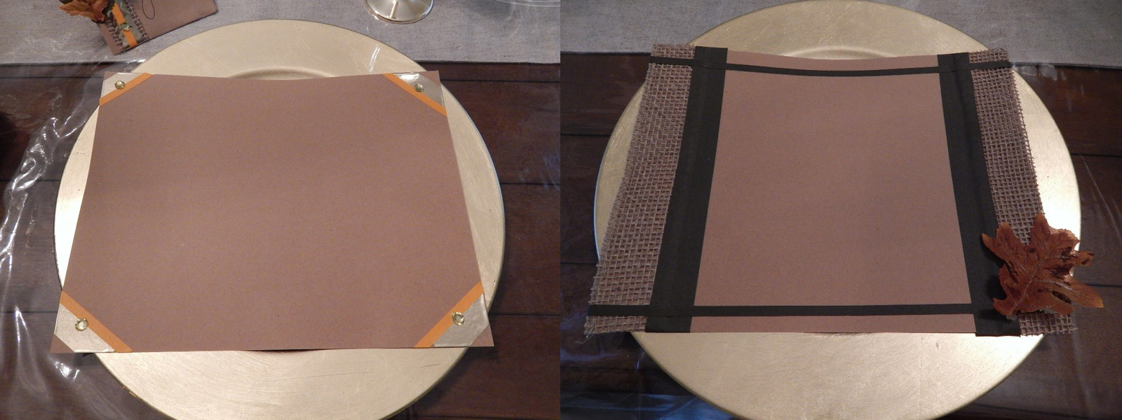 I did the same with burlap on cardstock and made a few patterns that I decided to use as placemats. I used UGlu® to attach the burlap to the card stock. I also used other tapes such as Pro® Artist tape and Pro® Gaff in black as embellishments. I did the same with burlap on cardstock and made a few patterns that I decided to use as placemats. I used UGlu® to attach the burlap to the card stock. I also used other tapes such as Pro® Artist tape and Pro® Gaff in black as embellishments.