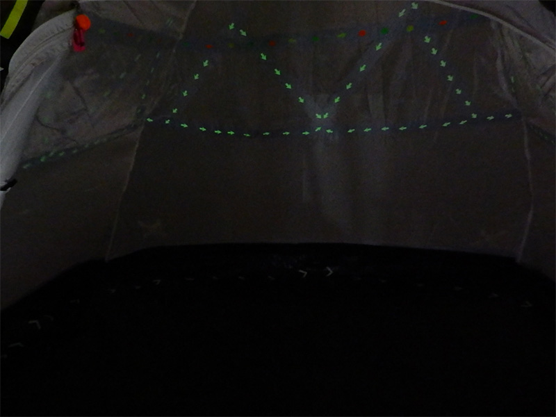 From the inside of the tent the Pro Gaff® Black and Desert Tan Camo Printed cast a shadow, so we used that as a design element inside too by adding the Pro® Glow Arrows pointing up and down the peaks of the zig-zags. From the inside of the tent the Pro Gaff® Black and Desert Tan Camo Printed cast a shadow, so we used that as a design element inside too by adding the Pro® Glow Arrows pointing up and down the peaks of the zig-zags.